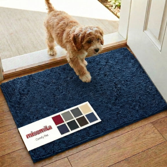 Miss Mila®| Dog Door Mat for Muddy Paw, Super Absorbent Chenille Pet Rug for Indoor Entryway, Non-Slip Washable Dirt Trapping Mats for Dogs & Cats, 18"x28" Navy Blue