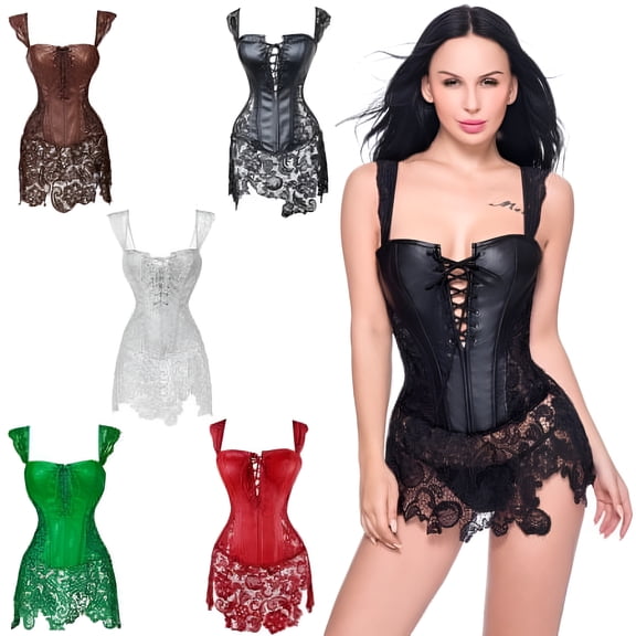 Miss Moly Gothic Burlesque Corset Dress Lace Skirt Faux Leather Bustier Zipper Black