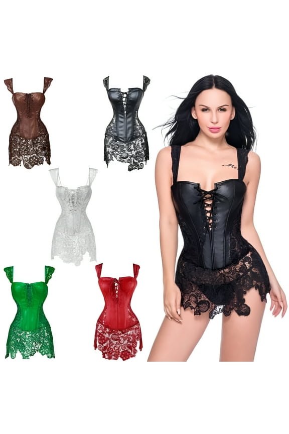 Gothic Burlesque Corset Dress Lace Skirt Faux Leather Bustier Zipper Black
