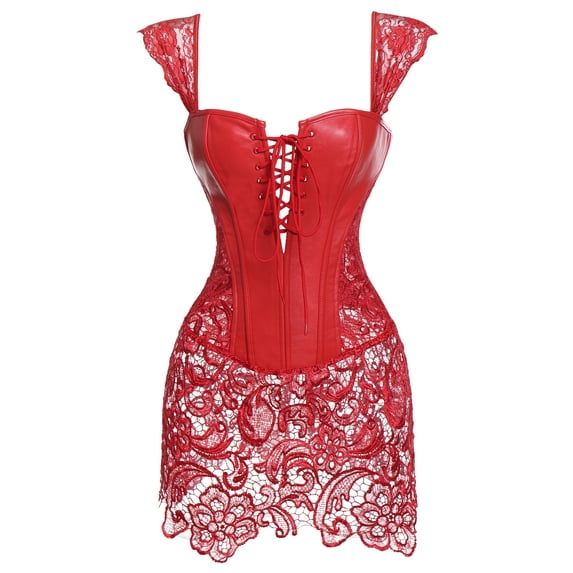 Miss Moly Gothic Burlesque Corset Dress Lace Skirt Faux Leather Bustier Zipper Red M