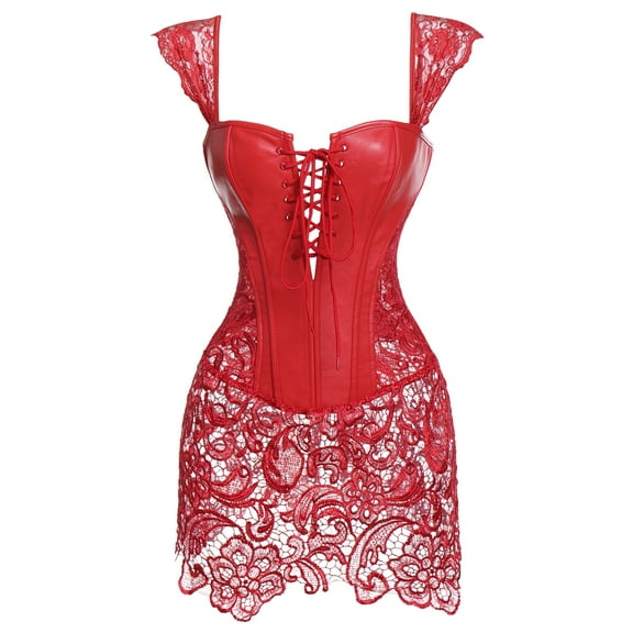 Miss Moly Gothic Burlesque Corset Dress Lace Skirt Faux Leather Bustier Zipper Red M