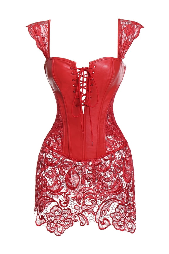 Gothic Burlesque Corset Dress Lace Skirt Faux Leather Bustier Zipper Red M