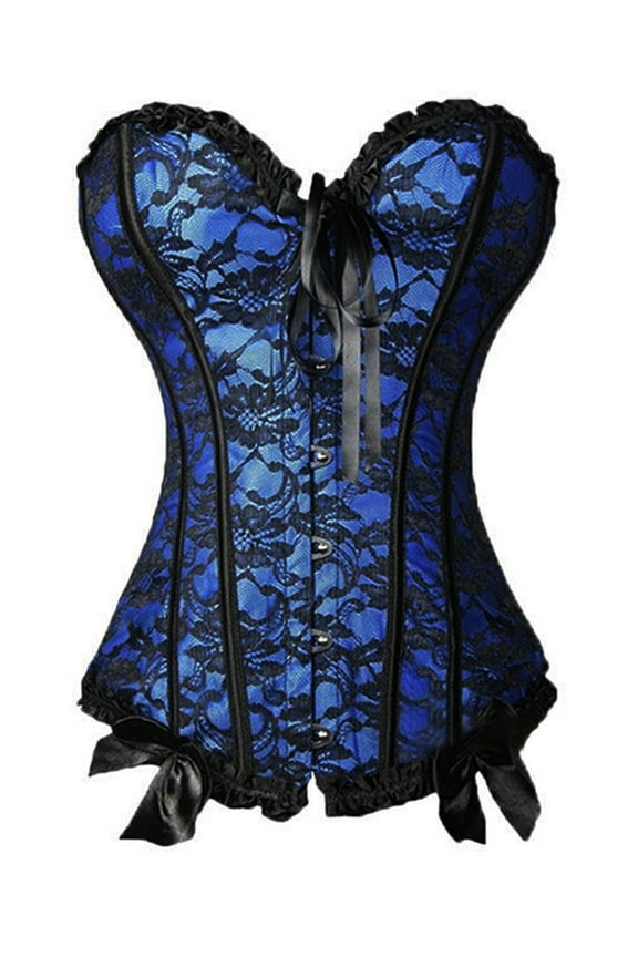 Womens Vintage Floral Overbust Corset Lace up Bustier Shapewear Outfit Blue L