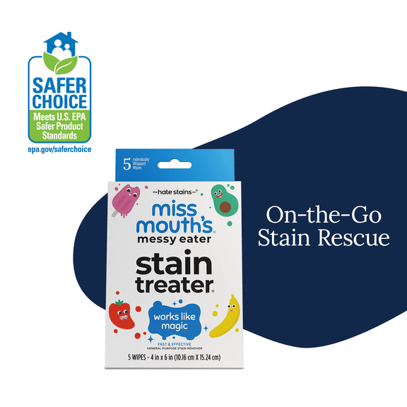 Miss Mouth's Messy Eater Stain Treater Wipes for Baby & Kids, 5 Pack, Newborn & Baby Essentials, Stain Remover for Food, Grease, Coffee & More, Gentle on Laundry, Fabric & Underwear