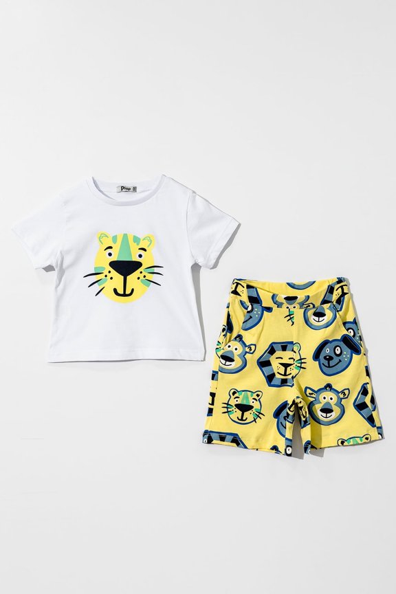 Miss & Mr Tuffy Boys 2 Piece Summer Shorts Set | Animal Patterned Shirt & Elastic Waist Shorts | 100% Organic Cotton Outfit | Toddler Kids 2-5Y | White- Yellow | OEKO-TEX