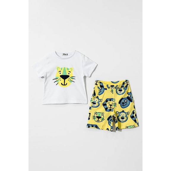 Miss & Mr Tuffy Boys 2 Piece Summer Shorts Set | Animal Patterned Shirt & Elastic Waist Shorts | 100% Organic Cotton Outfit | Toddler Kids 2-5Y | White- Yellow | OEKO-TEX