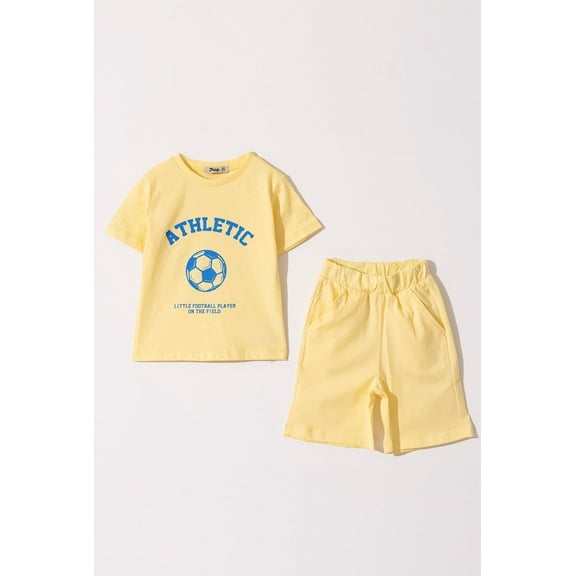 Miss & Mr Tuffy Boys 2 Piece Summer Shorts Set | Animal Patterned Shirt & Elastic Waist Shorts | 100% Organic Cotton Outfit | Toddler Kids 2-5Y | White- Yellow | OEKO-TEX