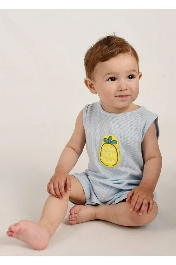 Baby Boy Pineapple Embroidered Summer Bodysuit | Waffle Fabric | 624 Months | Breathable Cotton Romper for Toddlers | Comfortable Infant Outfit for Hot Days