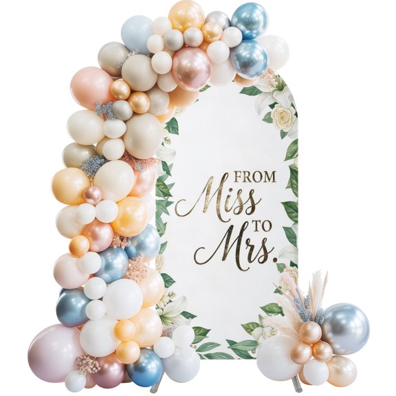 From Miss To Mrs Arch Backdrop Cover 4 FT Wedding Party Floral White Flowers Leaf Stretchy Elastic Arch Stand Covers Spandex Arched Background Birthday Wedding Party Decoration (No Stand)