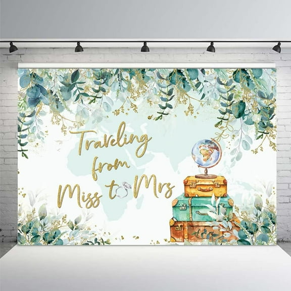Miss to Mrs Backdrop Bridal Shower Traveling from Miss to Mrs Banner Greenery Eucalyptus Leaves Adventure Awaits Wedding Supplies Travel Photography Background