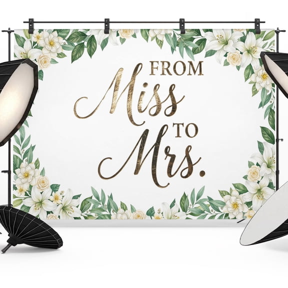 From Miss To Mrs Backdrops for Photography, Wedding Party Floral White Flowers Leaf Fabric Photo Background Sturdy Studio Props for Photo Studio, Video Recording, Booth & Photoshoot 7x5ft