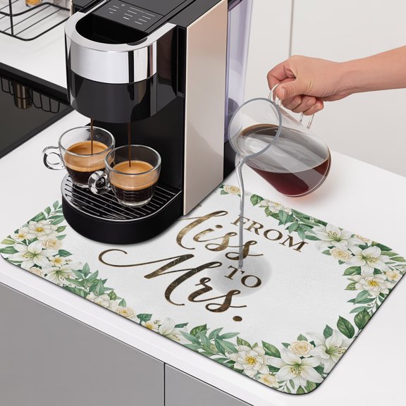 From Miss To Mrs Dish Drying Mats for Kitchen Counter, Wedding Party Floral White Flowers Leaf Absorbent Coffee Bar Mat with Non-slip Rubber Backed Quick Drying Dish Rack Pad 12"x16"