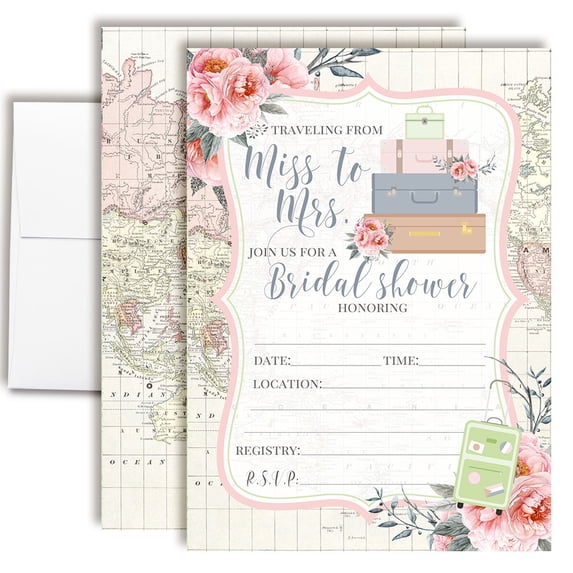 Miss to Mrs. Travel Bridal Shower Invitations, 20 Fill-In Cards with Envelopes, 5x7 Wedding Shower Invitations for Bride, Bridal Party Supplies and Decorations, Made in USA by Amanda Creation