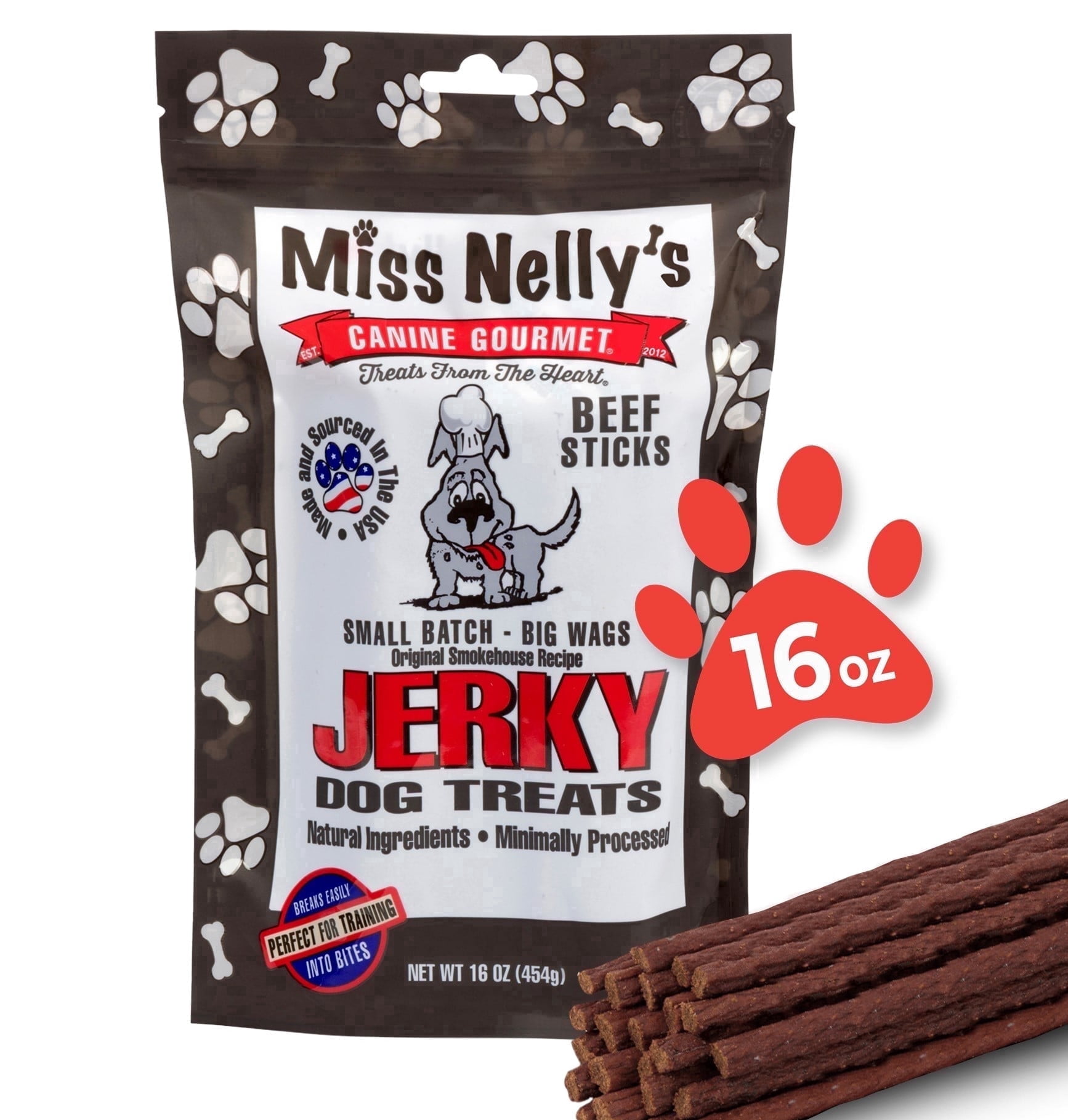 Miss Nelly's Canine Gourmet - Beef Dog Jerky Treats - USA Made and Sourced - Original Smoke House Recipe - Small Batch - Clean Natural Ingredients - Minimally Processed -  16 ounce Bag