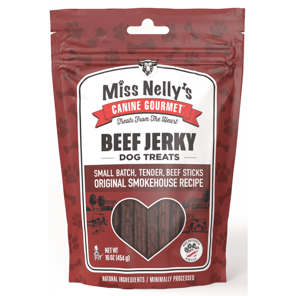 Miss Nelly's Canine Gourmet - Beef Dog Jerky Treats - USA Made and Sourced - Original Smoke House Recipe - Small Batch - Clean Natural Ingredients - Minimally Processed - 16 ounce Bag