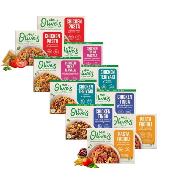 Miss Olives Ready Meals Variety Pack 10 Pack (2 of Each Flavor) Savory Entres Including Tinga, Tikka, Teriyaki, Pasta Fagioli & Chicken Parm Heat & Serve Microwave Meals, Larger Portions