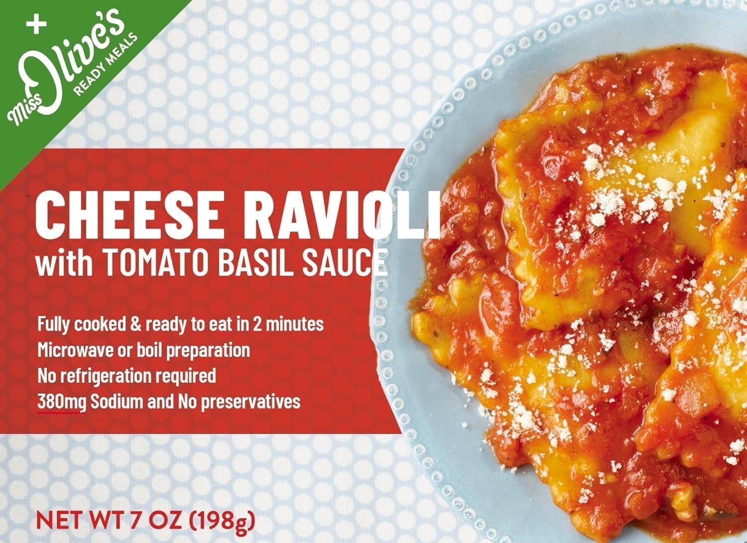 Miss Olives Cheese Ravioli, Shelf Stable, Lower Sodium Ready Meal, 7 ounce (Pack of 12)