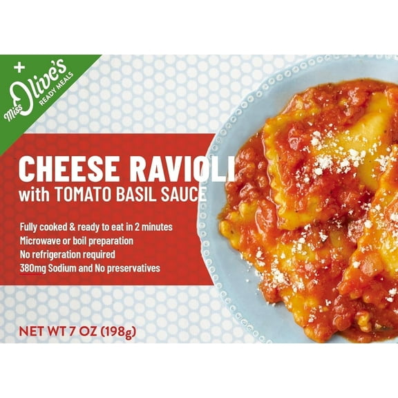 Miss Olives Cheese Ravioli, Shelf Stable, Lower Sodium Ready Meal, 7 ounce (Pack of 12)