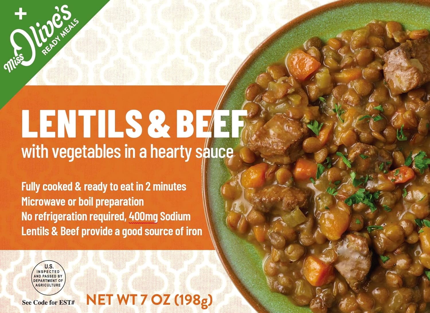 Miss Olives Lentil & Beef with Vegetables in a Hearty Sauce, Shelf Stable, Low-Sodium Ready Meal (Pack of 6)