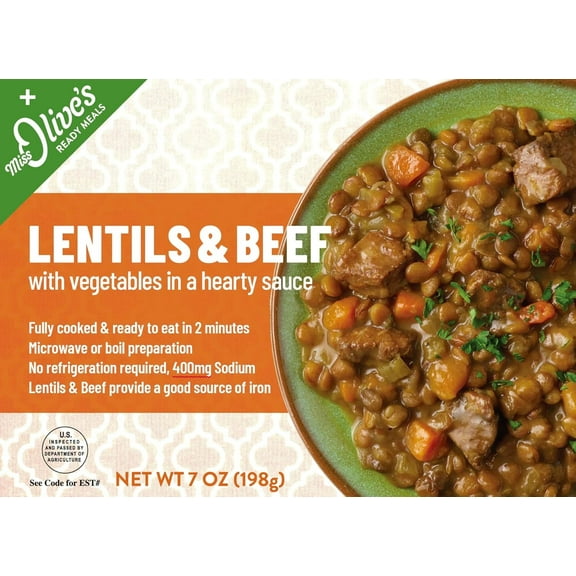 Miss Olives Lentil & Beef with Vegetables in a Hearty Sauce, Shelf Stable, Low-Sodium Ready Meal (Pack of 6)