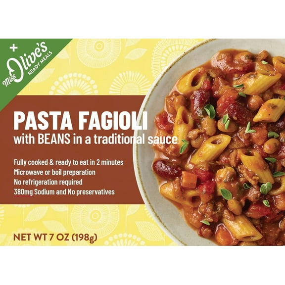 Miss Olives Pasta Fagioli Microwavable Lower Sodium Healthy Ready Meal, 7 ounce (Pack of 12)