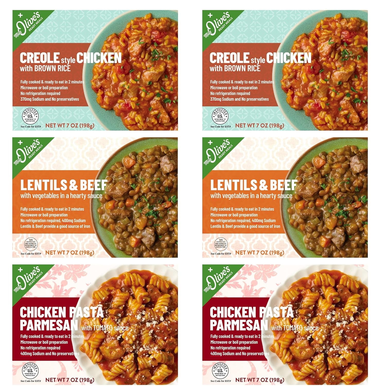 Miss Olives Protein Pack Microwavable Shelf Stable Ready Meals (Bundle of 6: 2 Each Item)