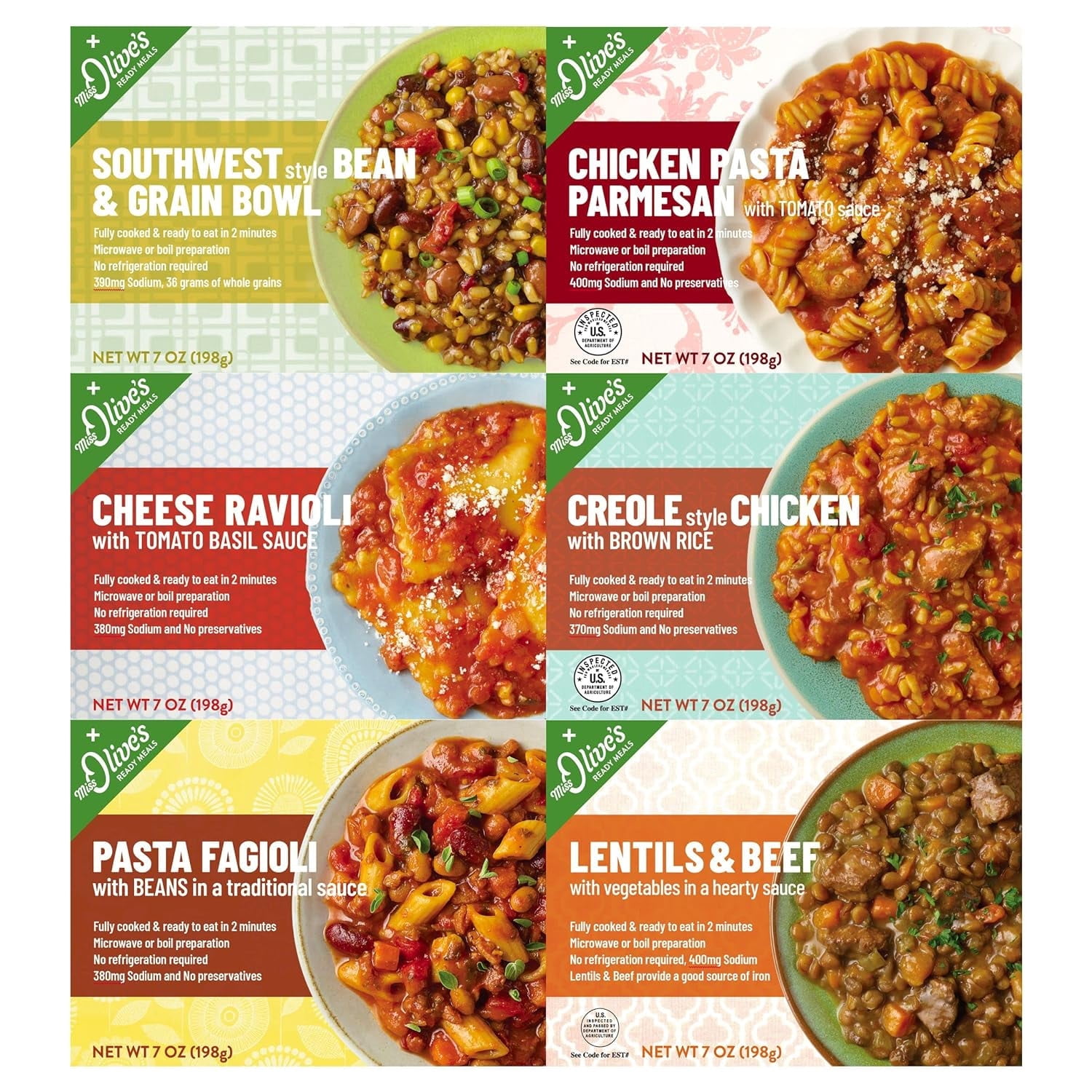 Miss Olives Variety Pack Microwavable Low Sodium Ready Meals (Bundle of 6)-1 of Each Flavor