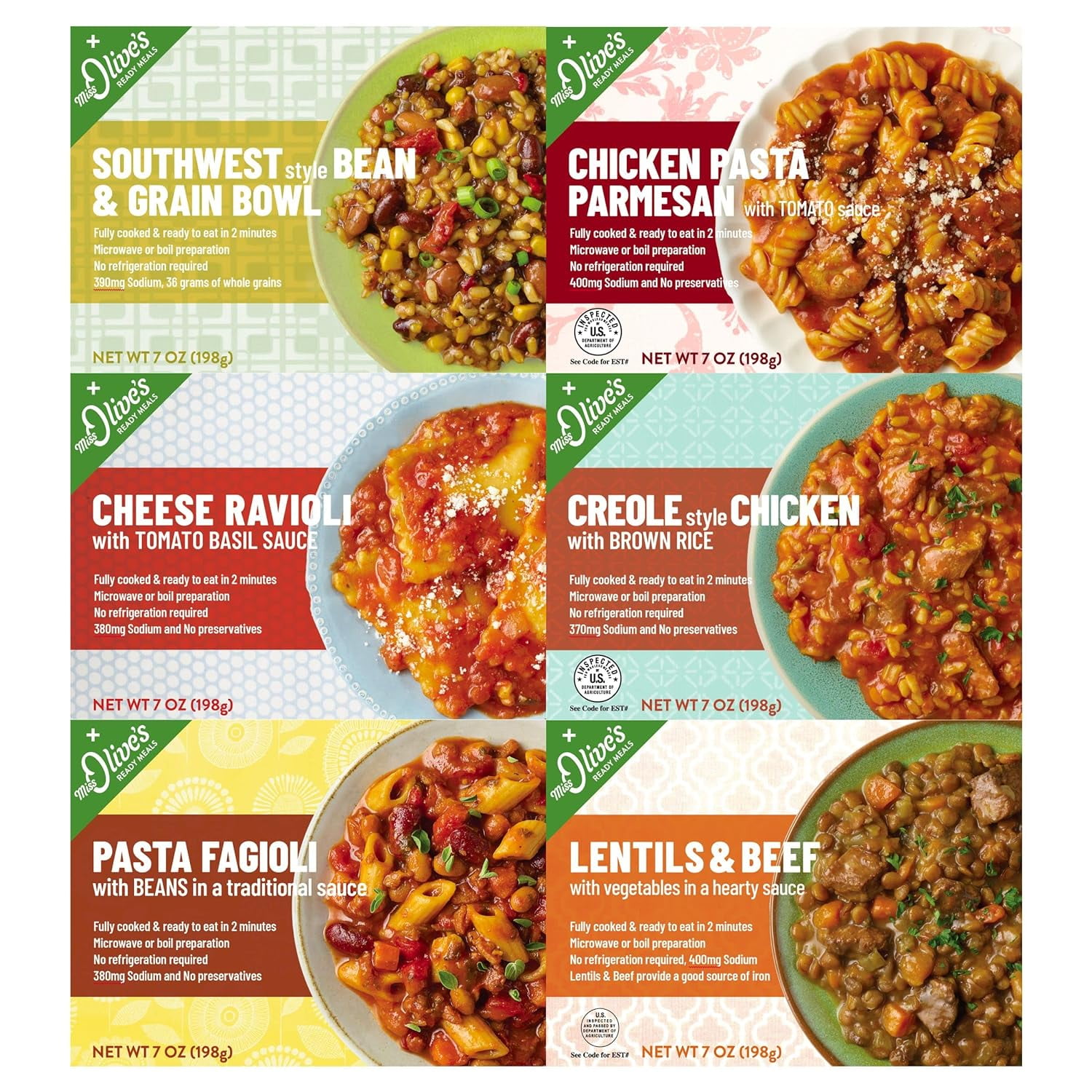Miss Olives Variety Pack Microwavable Low Sodium Ready Meals (Bundle of 6)1 of each flavor