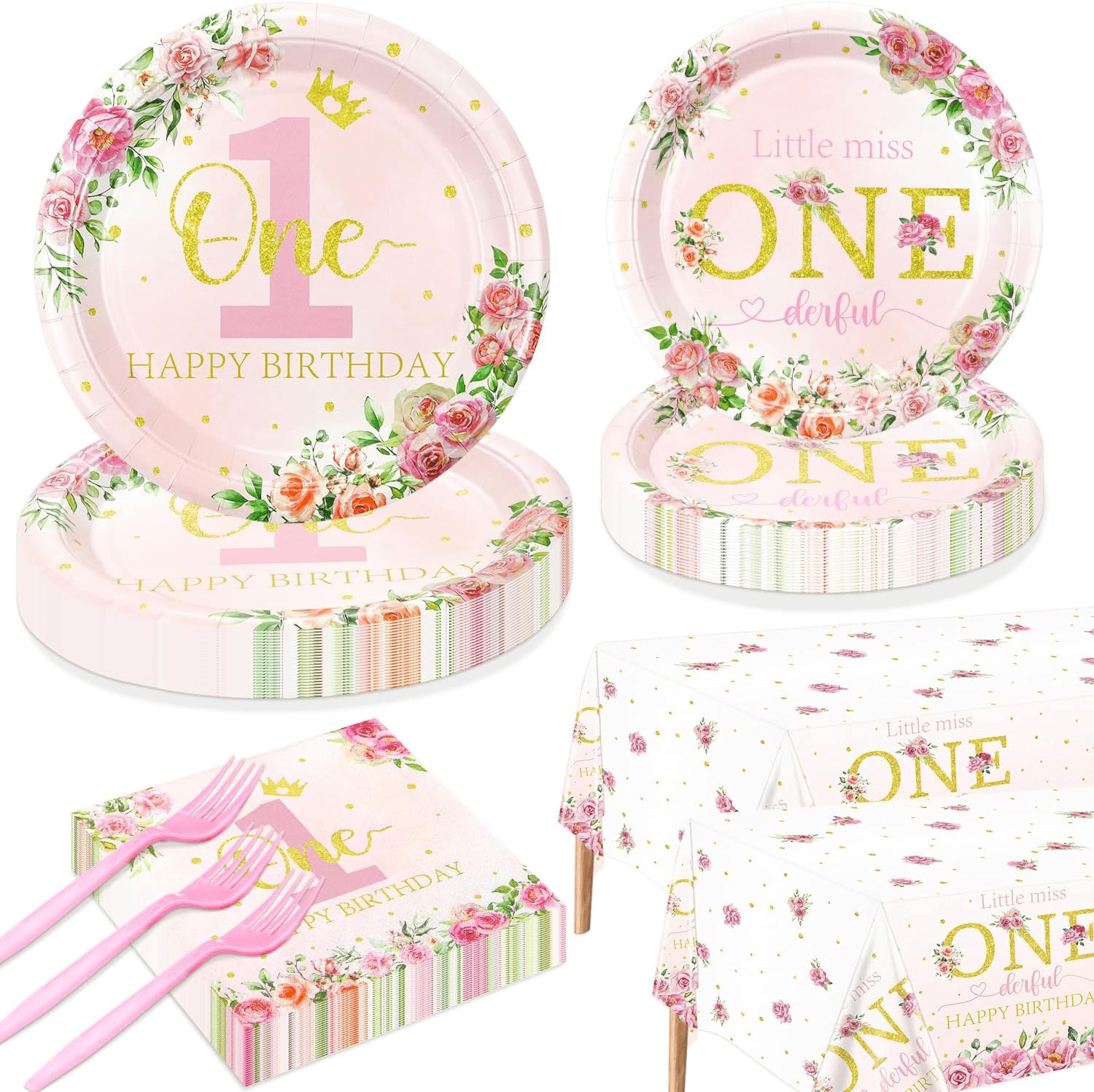Miss Onederful 1st Birthday Party Supplies for 40 Guests - Disposable Tableware Set Includes Plates, Napkins, Forks, Tablecloths - Girls Baby First Birthday Party Decorations