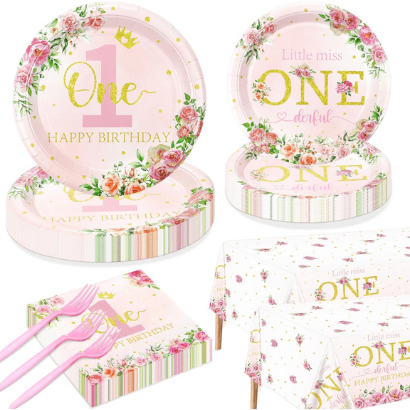 Miss Onederful 1st Birthday Party Supplies for 40 Guests - Disposable Tableware Set Includes Plates, Napkins, Forks, Tablecloths - Girls Baby First Birthday Party Decorations