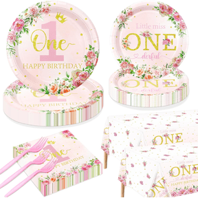 Miss Onederful 1st Birthday Party Supplies for 40 Guests - Disposable Tableware Set Includes Plates, Napkins, Forks, Tablecloths - Girls Baby First Birthday Party Decorations
