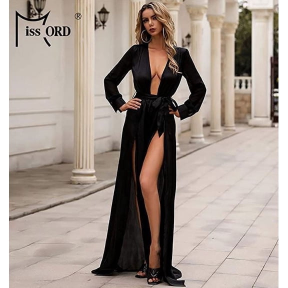 Miss Ord Women's Deep V Long Sleeve High Split w Belt Maxi CoverUp Dress,Black L