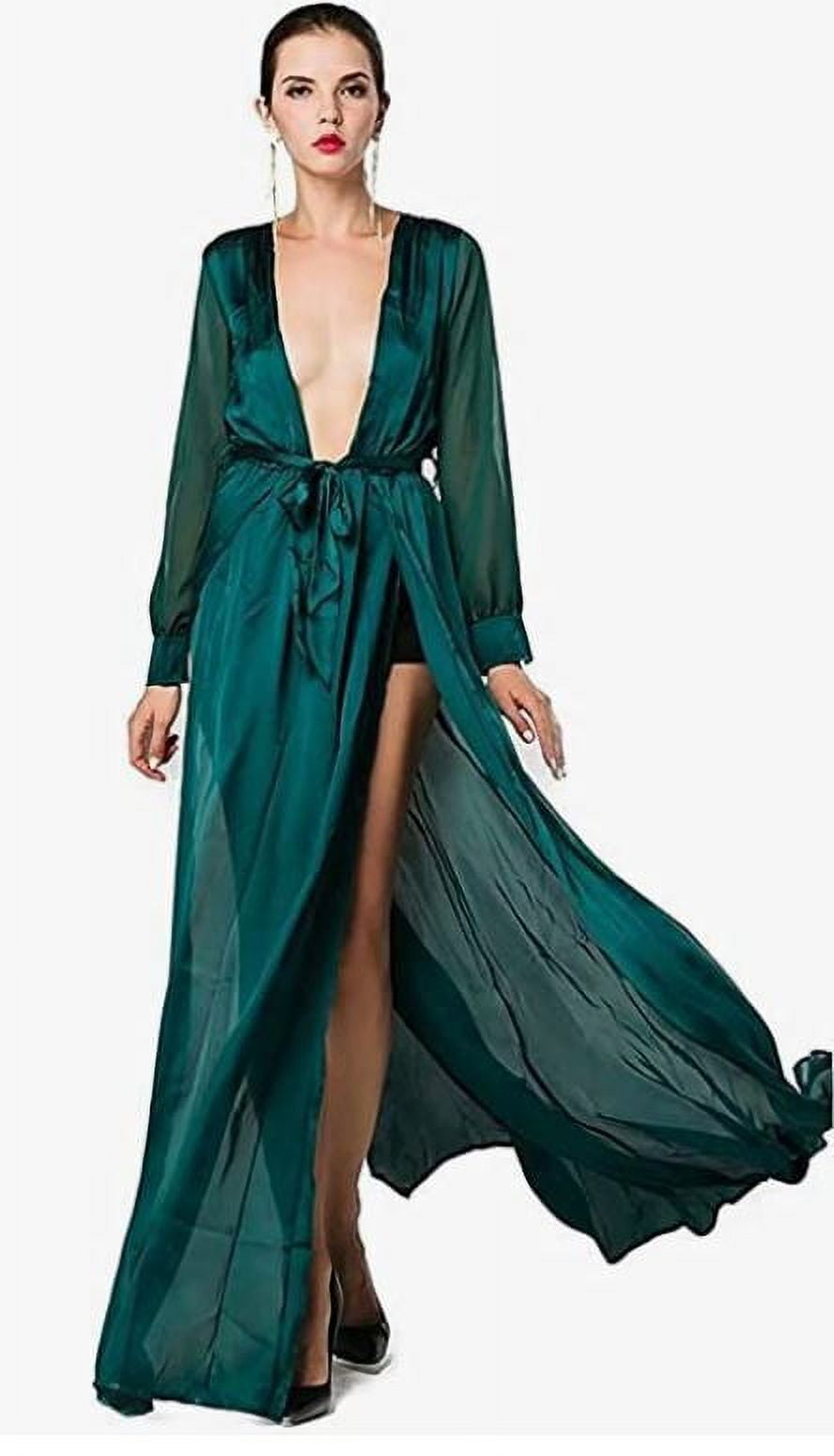 Miss Ord Women's Sexy Deep V Long Sleeve High Split w Belt Maxi Cover Up Dress S