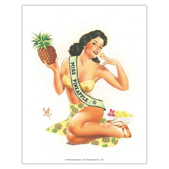 Miss Pineapple - Hawaiian Tropical Pin-up Girl - From an Original Color Painting by Scott Westmoreland - Fine Art Matte Paper Print (Unframed) 11x14in