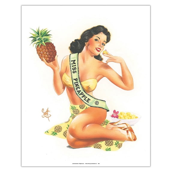 Miss Pineapple - Hawaiian Tropical Pin-up Girl - From an Original Color Painting by Scott Westmoreland - Fine Art Matte Paper Print (Unframed) 16x20in
