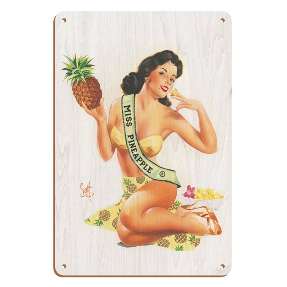 Miss Pineapple - Hawaiian Tropical Pin-up Girl - From an Original Color Painting by Scott Westmoreland - 8 x 12 inch Vintage Wood Art Sign