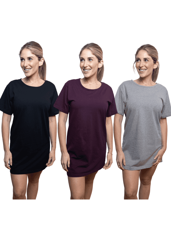 Women Sleep Shirt, 3 Pack Cotton Nightgown, Short Sleeve Long T-Shirt Pajamas, Dorm Lounge Sleepwear - Cute Printed Nightshirts for Women