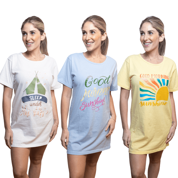 MISS POPULAR Women Sleep Shirt, 3 Pack Cotton Nightgown, Short Sleeve Long T-Shirt Pajamas, Dorm Lounge Sleepwear - Cute Printed Nightshirts for Women