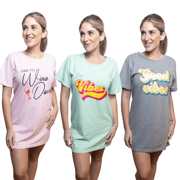 MISS POPULAR 3 Pack Dorm Lounge Women Sleep Shirt, 100% Cotton Sleepwear Nightgown, Stylish & Comfortable Short Sleeve Long T-Shirt Pajamas, Skin Friendly Sleepwear Printed Nightshirts for Women