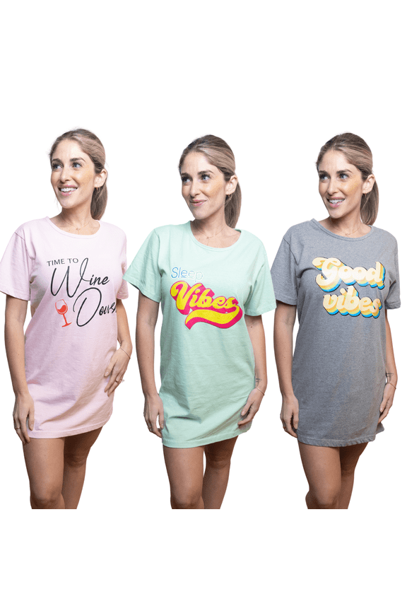 3 Pack Dorm Lounge Women Sleep Shirt, 100% Cotton Sleepwear Nightgown, Stylish & Comfortable Short Sleeve Long T-Shirt Pajamas, Skin Friendly Sleepwear Printed Nightshirts for Women
