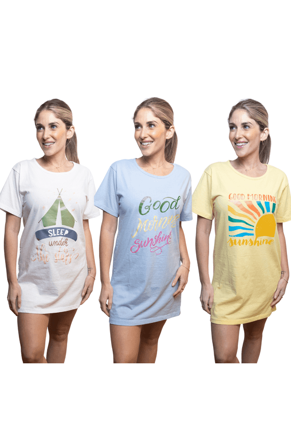 3-Pack Women’s Sleep Shirts, Short Sleeve Nightgown, Soft 60% Cotton 40% Polyester Cute Printed Dorm Sleepwear