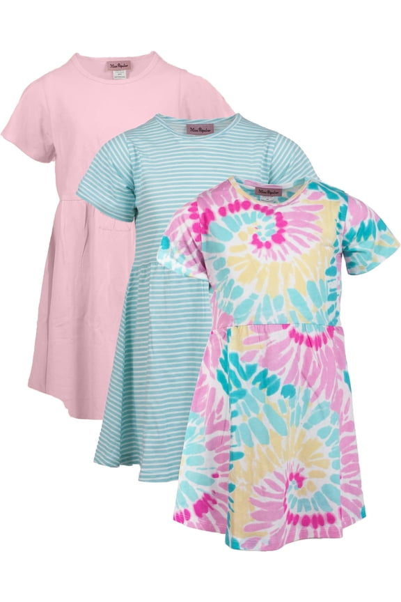 Girls 3 Pack Short Sleeve Skater Dress Soft Cotton Cute Designs Spring Summer | Sizes 4-16