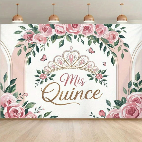 Miss QuinceaƱona Backdrop for Girls Sweet Quinceanera Birthday Photography Background Pink Roses Crown Butterfly Quinceanera 15th Birthday Party Decorations Banner Supplies Photo Booth Props