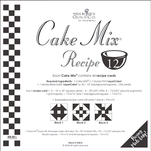 Miss Rosie's Quilt Co - Cake Mix Recipe 12 - Each Assembled Recipe Card Makes 1 9 3/8 X 9 3/8 Finished Block