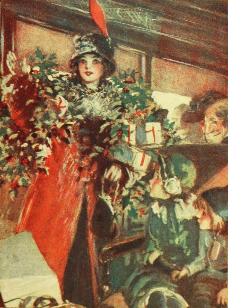 Miss Santa Claus of the Pullman 1913 Shopping lady Canvas Art - Reginald Bathurst Birch (24 x 36)