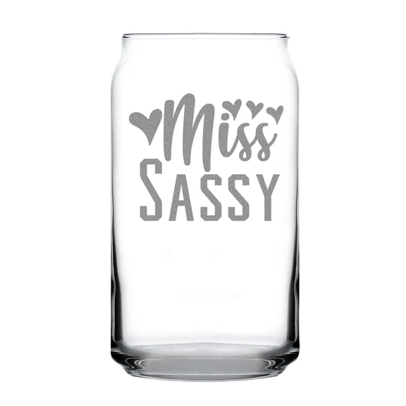 Miss Sassy 16oz Can-Shaped Pint Glass, Hand Engraved, Etched Glass for Unique Gifts, Fun Party Glassware, Personalized Drinkware