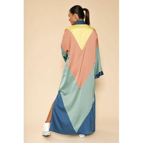 Miss Sparkling Women's Long Satin Kimono Robe Color Block Open Front Cardigan Bohemian Lightweight Duster Coat S-XL