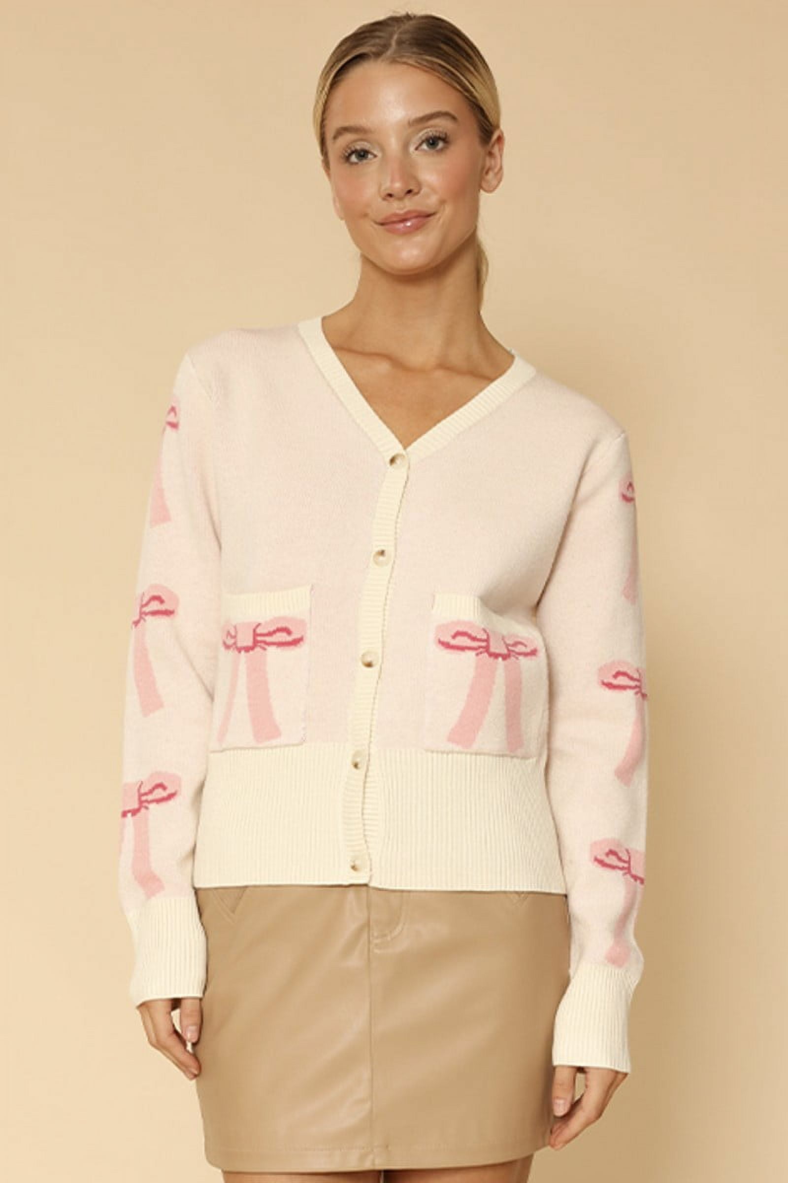 Double Take Full Size Striped Bow Decor Cropped Cardigan main image 0
