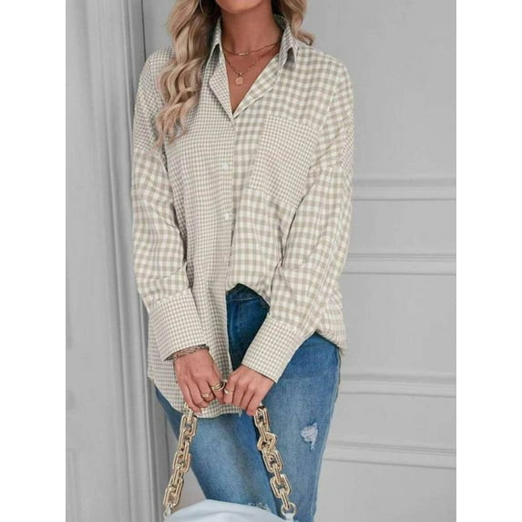 Miss Sparkling Elegant Plaid Button Up Long Sleeves V-Neck Blouse