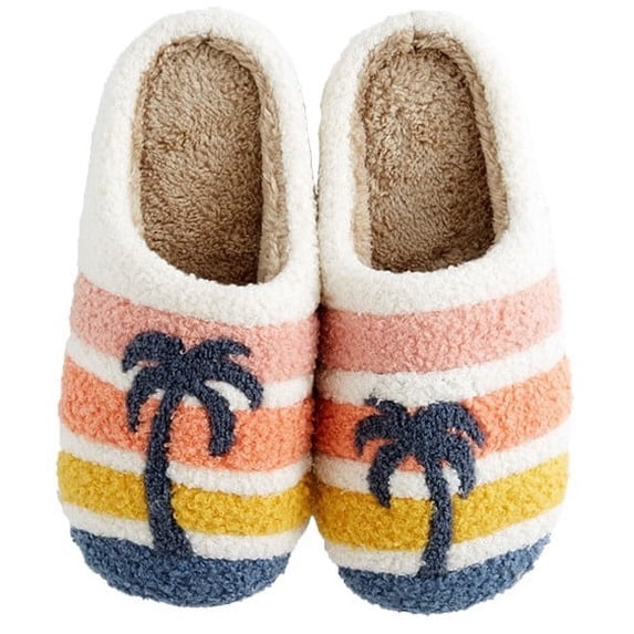 Miss Sparkling Novelty Slippers Men's and women's lamb fleece slippers, comfortable and soft indoor slippers, decorated with tropical palm tree stripes, soft, warm, and non-slip bedroom slippers.